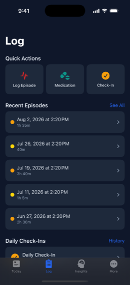 My AFib Companion Log screen with episode, medication and check-in actions above recorded episodes.